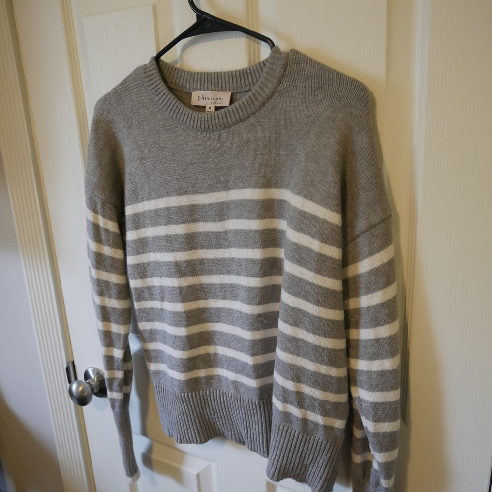 Philosophy Gray and White Crewneck Striped Sweater